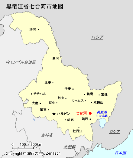 黒竜江省七台河市地図