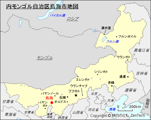 内モンゴル自治区 烏海地図