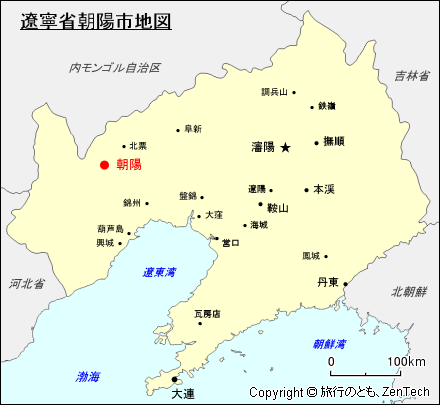 遼寧省における朝陽市地図