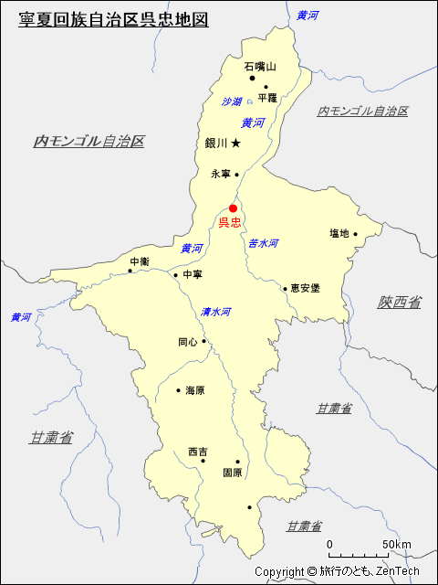 寧夏回族自治区呉忠地図