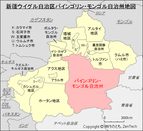 新疆ウイグル自治区バインゴリン・モンゴル自治州地図