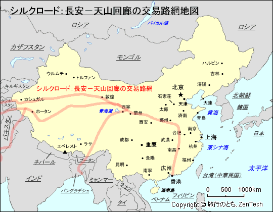 シルクロード：長安－天山回廊の交易路網地図