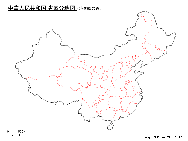中国省区分地図、境界線のみ