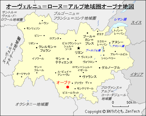 オーヴェルニュ＝ローヌ＝アルプ地域圏オーブナ地図