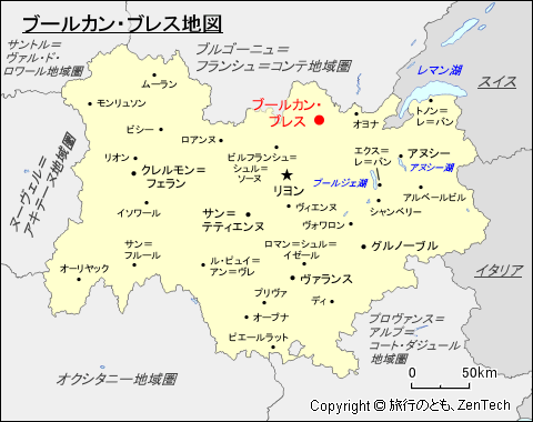 オーヴェルニュ＝ローヌ＝アルプ地域圏ブールカン・ブレス地図