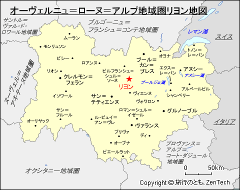 オーヴェルニュ＝ローヌ＝アルプ地域圏リヨン地図