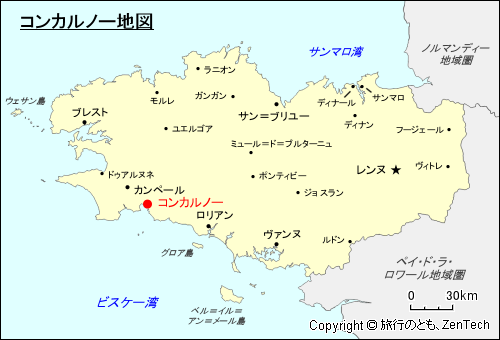 ブルターニュにおけるコンカルノー地図