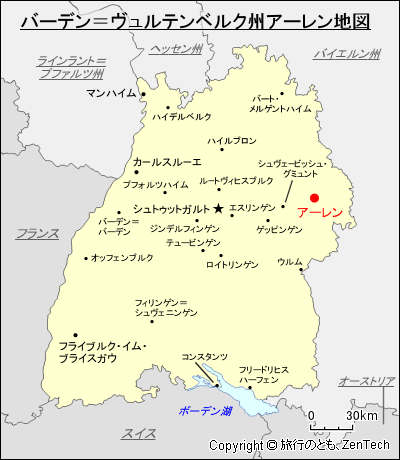バーデン=ヴュルテンベルク州アーレン地図