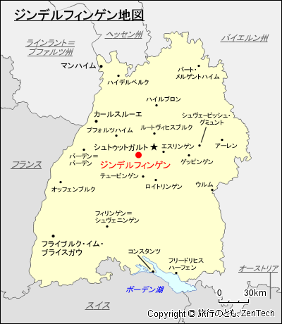 バーデン=ヴュルテンベルク州ジンデルフィンゲン地図