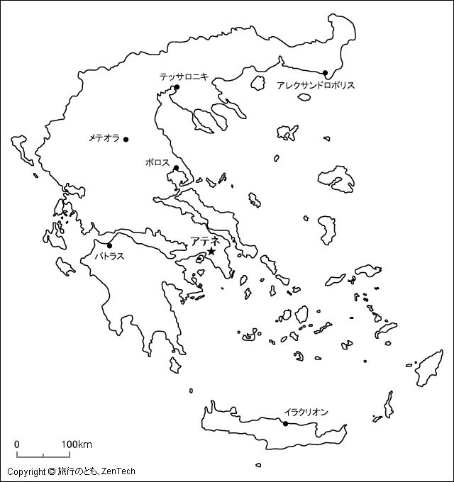 日本語版の地名入りギリシャ白地図