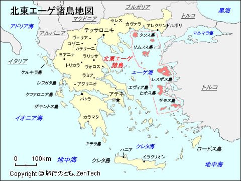 ギリシャにおける北東エーゲ諸島地図