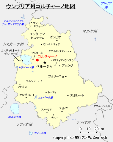 ウンブリア州コルチャーノ地図