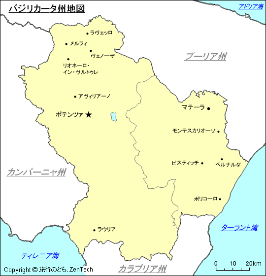 都市名入りバジリカータ州地図
