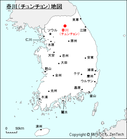 韓国における春川（チュンチョン）地図