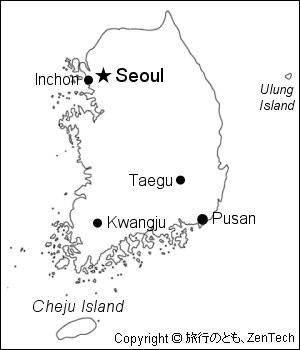 首都ソウルの記載された韓国白地図