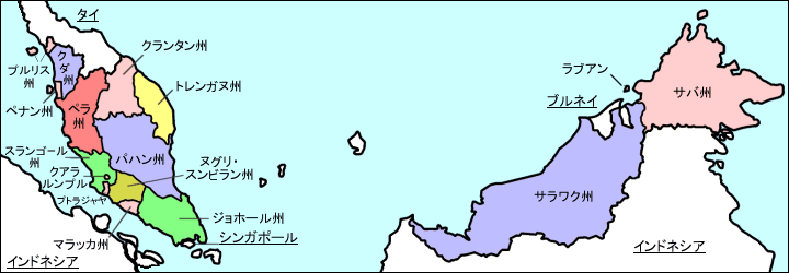 マレーシアの州区分が記された地図