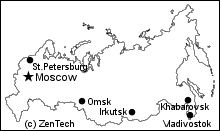 主要都市の記載されたロシア白地図