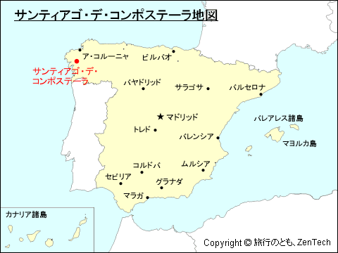 スペインにおけるサンティアゴ・デ・コンポステーラ地図