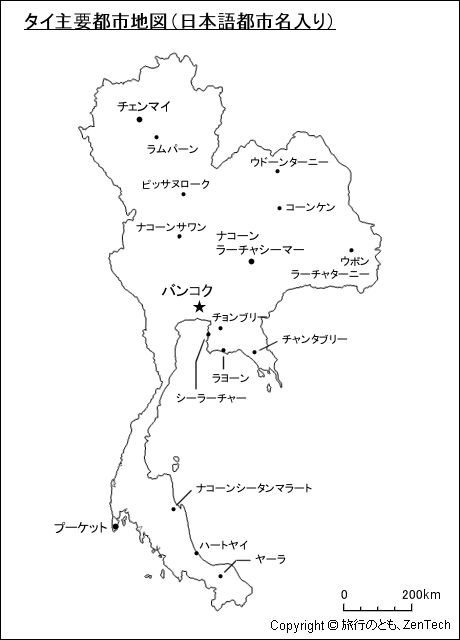 タイ主要都市地図（日本語都市名入り）