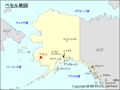 アラスカ州におけるベセル地図
