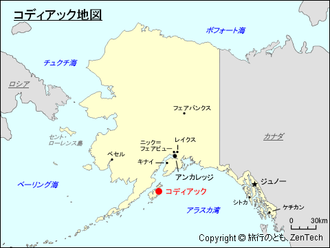 アラスカ州におけるコディアック地図