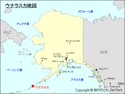 アラスカ州におけるウナラスカ地図