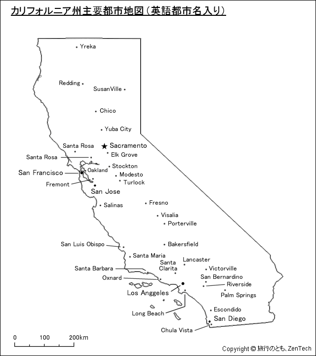 カリフォルニア州主要都市地図（英語都市名入り）