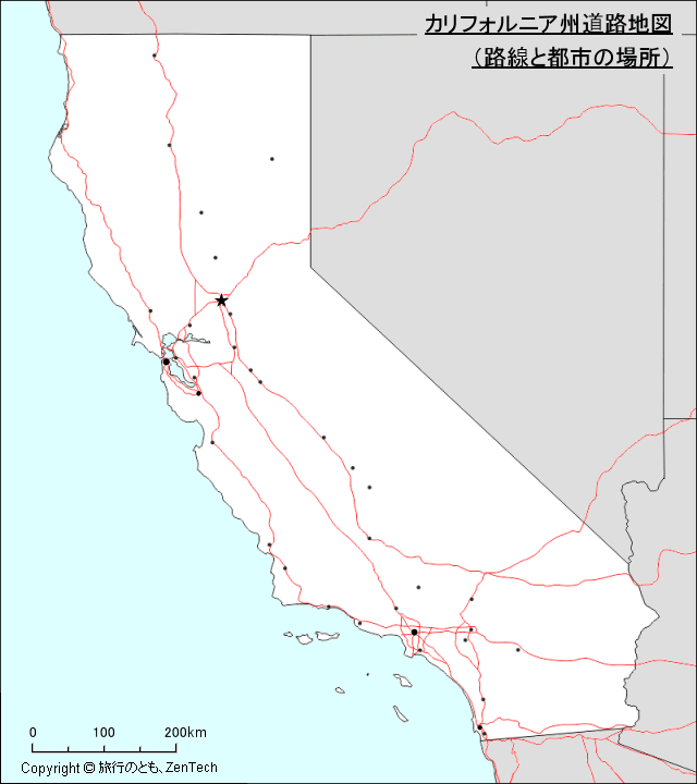 カリフォルニア州道路地図（路線と都市の場所）