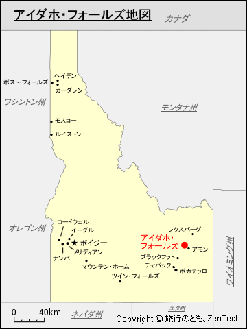 アイダホ州におけるアイダホ・フォールズ地図