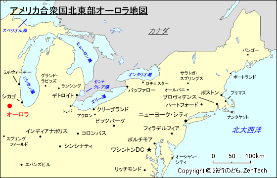 アメリカ合衆国北東部オーロラ地図