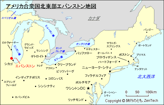 アメリカ合衆国北東部エバンストン地図