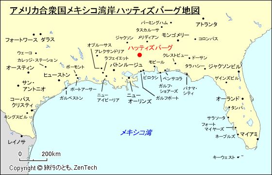 アメリカ合衆国メキシコ湾岸ハッティズバーグ地図