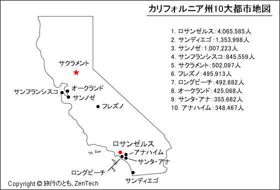 カリフォルニア州10大都市地図