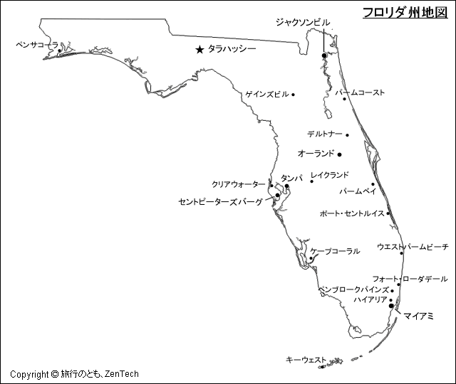 主要都市名入りフロリダ州地図