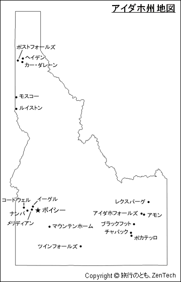 主要都市名入りアイダホ州地図