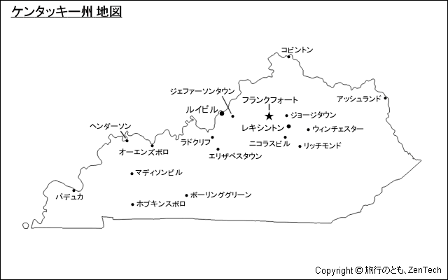 主要都市名入りケンタッキー州地図