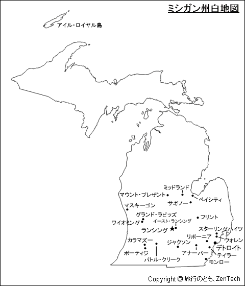 主要都市名入りミシガン州地図