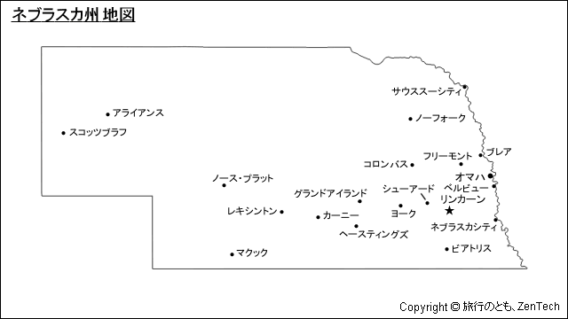 主要都市名入りネブラスカ州地図